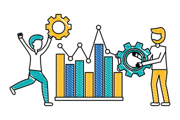young men with statistical graphics and gears vector illustration design