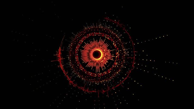 Abstract futuristic red motion graphic rotating circular mechanism with several different parts. Sci-fi futuristic HUD equalizer appears and grows. 3D animation isolated over black background in 4K