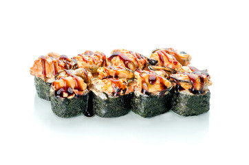 Baked rolls on white background with reflection