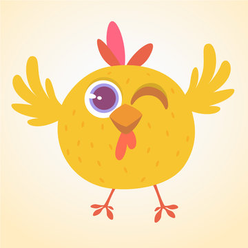 Cute cartoon yellow chicken blinking eye. Farm animals. Vector illustration of a cute chicken. Mock up for print decoration isolated on white