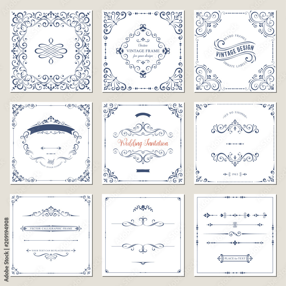 Wall mural ornate frames design and scroll elements set. flourish cards and labels templates. vector illustrati