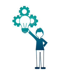 young man with light bulb and gears isolated icon vector illustration design