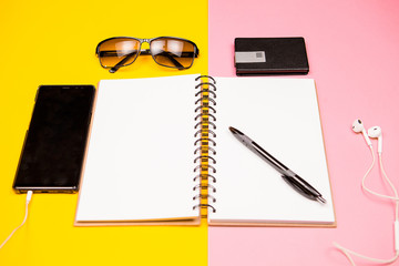 Paper notebook, smartphone, sunglasses and holder for business cards on two colored background