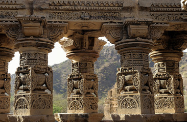 India, Rajasthan, sculpted columns of a Jain temple in Kiradu (10th-11th Century)