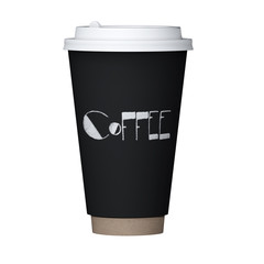 3d model of a black paper glass with an inscription of coffee. render. Isolated on white background