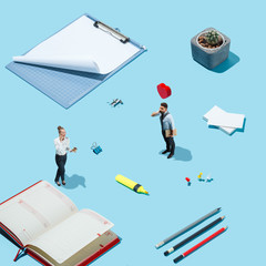 Flat isometric view of businessmen and woman and at blank sheets of paper with empty copy space
