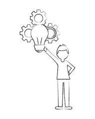 man holding bulb idea gears teamwork vector illustration sketch