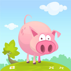 Vector illustration of cute pig cartoon isolated on simple background with grass on the meadow. Design forstickers, print or children book