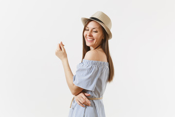 Obraz na płótnie Canvas Young tender elegant charming woman dressed blue dress, cute hat with long brunette hair posing isolated on white background. People, sincere emotions, lifestyle concept. Advertising area. Copy space.