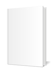 The blank template of a vertically standing book with realistic pages and shadows standing on a white surface. Perspective view. Vector illustration.