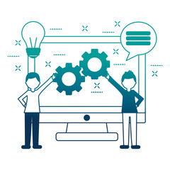 people holding gears and computer speech bubble teamwork vector illustration neon design