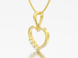 3D illustration yellow gold diamond heart necklace on chain