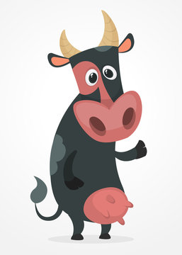 Cute cartoon cow character pointing on something isolated on white background. Farm animals. Vector illustration