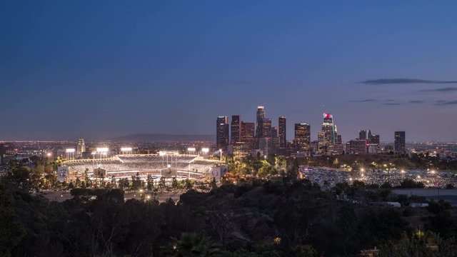 Timelapse Of Downtown Los Angeles Skyline. Day To Night Transition