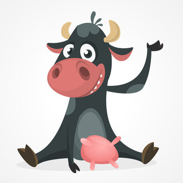 Funny black and white spotted cow character pointing to something, cartoon vector illustration isolated on white background. Funny cow character drawing attention to something