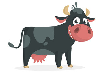 Funny black and white spotted cow character. Cartoon vector illustration isolated on white background