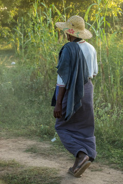 Myanmar, Mandalay region, Old Bagan, farmer on a path