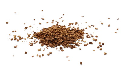 Instant coffee grains isolated on white background and texture