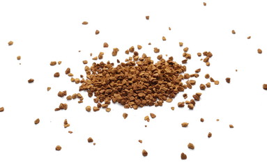 Instant coffee grains isolated on white background and texture