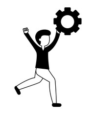 young man celebrating with gear isolated icon vector illustration design