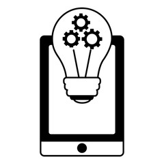 tablet device with light bulb and gears isolated icon vector illustration design