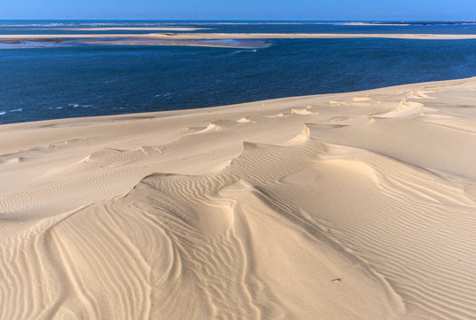 France, Arcachon Bay, natural sand sculptures on the dune de Pilat and view on the banc d'Arguin