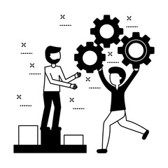 young men with statistical graphics and gears vector illustration design