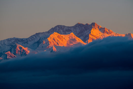 Dramatic landscape Kangchenjunga mountain with colorful from sunlight at Sandakphu