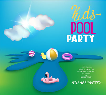Pool party poster with inflatable toys in a puddle, clouds and sun. Vector illustration