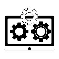 tablet device with gears isolated icon vector illustration design