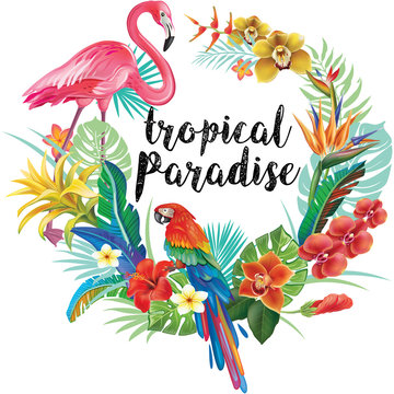Round Border with Tropical Flowers and Birds