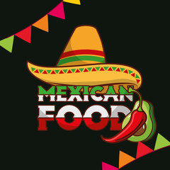 mexican food hat and chili pepper avocado pennant vector illustration