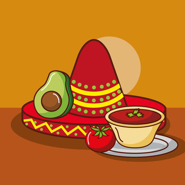 mexican food avocado and tomato sauce with hat decoration vector illustration