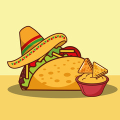 taco cheese sauce and nachos hat mexican food vector illustration