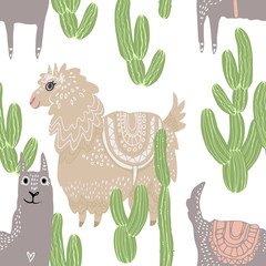 Beautiful hand drawn vector tile pattern of llama and cacti in scandinavian style isolated on white. Simple sweet kids nursery illustration. Graphic design for apparel print.