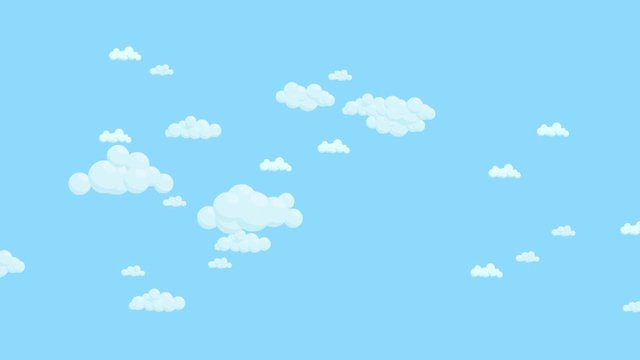 Blue sky full of clouds moving left to right. Cartoon sky animated background. Flat animation.