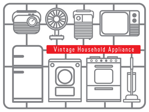 VINTAGE HOUSEHOLD APPLIANCE
Vintage household appliances are illustrated as plastic-looked assembly kit in grey and linked with tag in red.