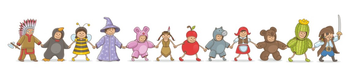 Kids holding hand in Christmas costumes, outline style. isolated on white background