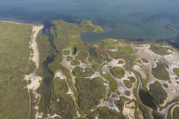 Aerial view of  the Texas Gulf Coast, Galveston Island, United States of America. Travel landscape...