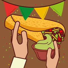 hands holding burrito and guacamole mexican food vector illustration