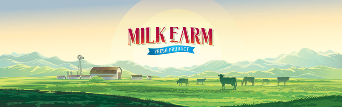 Fototapeta Letni wiejski krajobraz z krowami i gospodarstwem, świt nad wzgórzami, z etykietą.