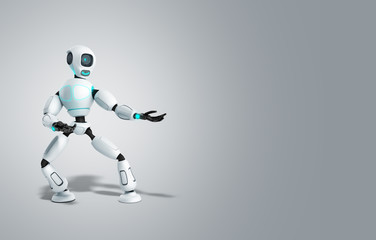 Fototapeta premium modern concept of product presentation robot points to a thing standing nearby 3d render on grey