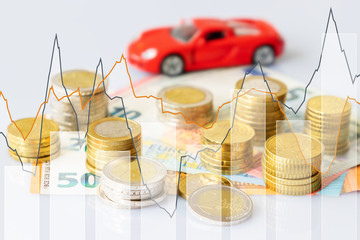 Euro coins in pile on Euro banknotes with charts and car, financing concept. Germany