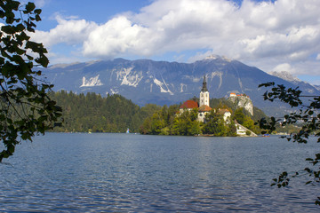 Catholic church on an island in the middle of the Bled lake in Slovenia