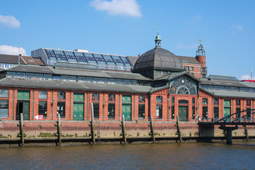Historic fish auction hall in hamburg, seen from the river elbe. Northern Germany