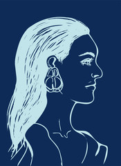Beautiful woman with long black hair. Female face in profile. Fashion icon for Beauty salon. Profile of sensual young girl on dark blue background. Line drawing. Isolated vector illustration. EPS.