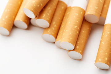 cigarette close up isolated on white background. Drug addiction. Tobacco smoking. cancer. Nicotine. Bad habit.