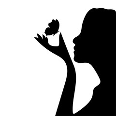 Silhouette of a Beauty girl with butterfly. Vector illustration on background.
