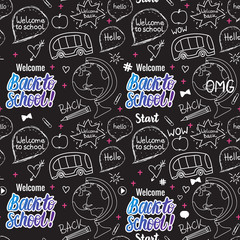 Welcome Back to school seamless pattern. Vector hand draw set elements on black chalk board.
