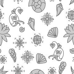 Sea life. Seamless underwater pattern. Hand drawn vector illustration. Seashells and doodle elements. Gray drawing isolated on white background.